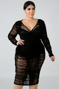

Plus Size Dress Elegant Women Perspective Lace Dress Long Sleeve Bandage Midi Dress Stripe Black Party Dress With Sashes Vestido
