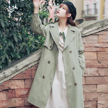 

Autumn Harajuku Double-Breasted Lapel Trench Coat Woman Korean Long Sleeve Loose Tie Windbreaker Ladies Long Solid Trench Coat