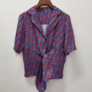 

2020 Fashion Vintage Print Women Blouse Turn Down Collar Ladies Lace-up Shirts And Tops Female Clothing Clothing Summer