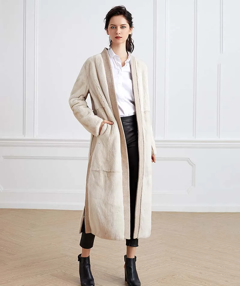 Beige Ftangaiur2019 зимняя импортная Вельветовая норковая шуба кашемировая окантовка с поясом Пижама норковая шуба женская X-Long Натуральная норковая шуба - Color: Beige