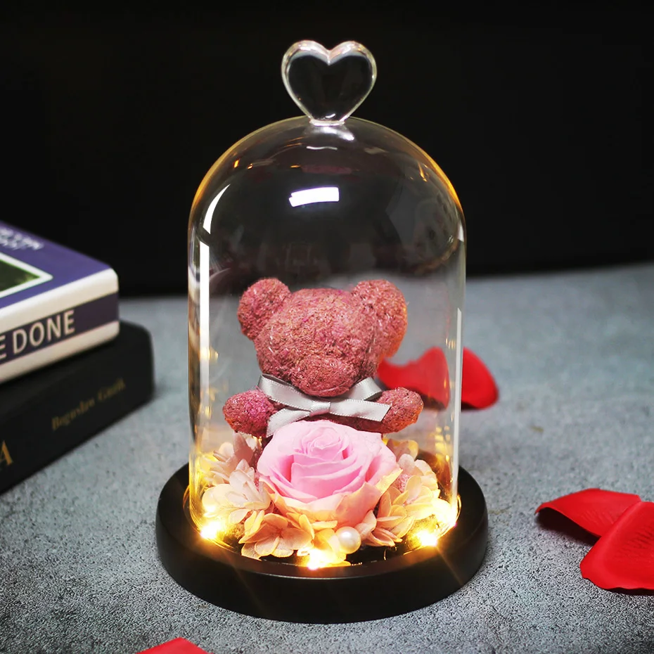 Прекрасный плюшевый мишка литье вечная Сохраненная свежая Роза светодиодный светильник в колбе бесмерная Роза подарки ко дню Святого Валентина