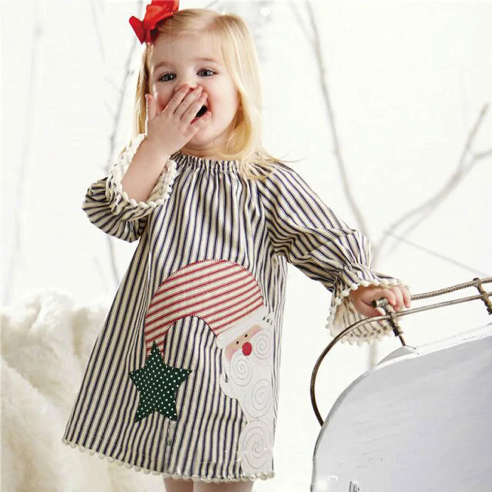 Рождественская одежда для детей ясельного возраста Полосатое платье принцессы с Санта Клаусом для маленьких девочек Зимний Рождественский костюм