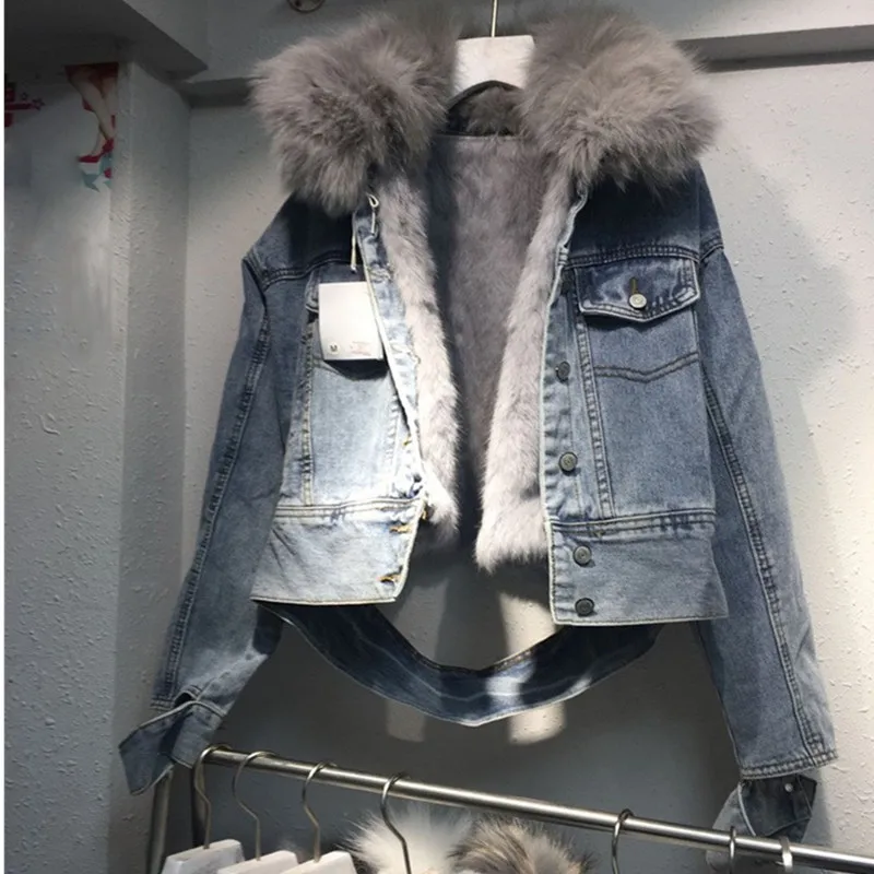 New Loose Women Denim Coat Female Real Rabbit Fur Line Denim Jacket Long Sleeve Jeans Jacket With Fur Parka Outwear Thick - Цвет: Blue