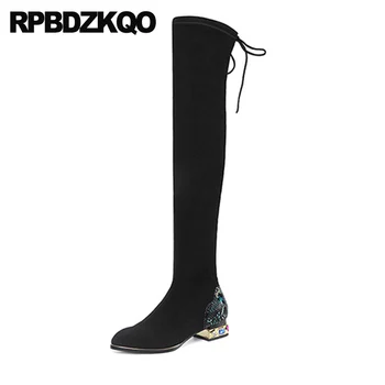 

big size black long thigh high boots for plus women round toe chunky ankle suede slim shoes 10 lace up fashion over the knee