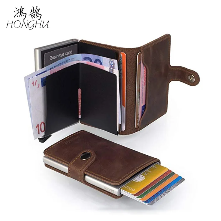 

Antimagnetic Fraudulent Elastic-Cassette Automatic Wallet RFID Genuine Leather Aluminium Alloy Credit Card Card Case Cowhide