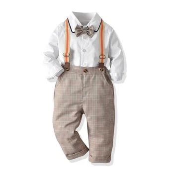 

Kids Spring 2019 models in Europe and America strap tie shirt suit boy preppy plaid pants suit school
