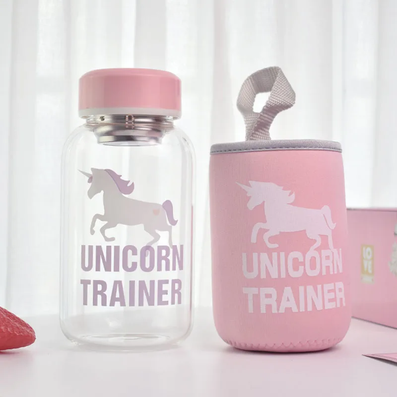 

600ml Cartoon Unicorn Glass Water Bottle with Cloth Protection Cover Tea Infuser Include Bottle for Water Liquid Glass