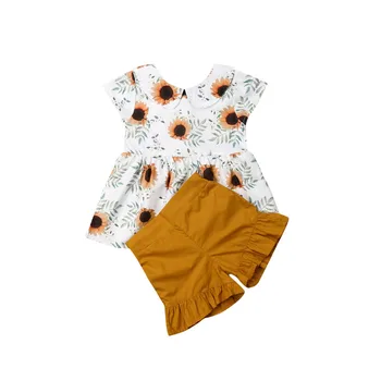 

1-6Y Summer Toddler Kids Baby Girl Peter Pan Collar Sunflower Shirt Tops Ruffles Shorts Pant Bottom 2PCS Clothes Set