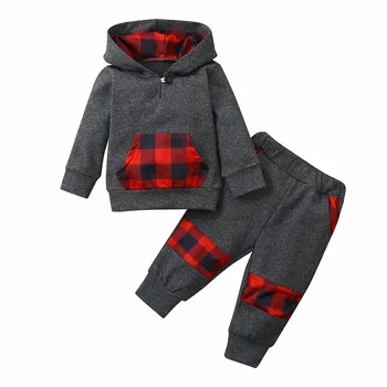 買取 新生児パーカー服ベビー長袖チェック柄パーカースウェットシャツを印刷トップ + 長ズボンは、2020の新生児冬