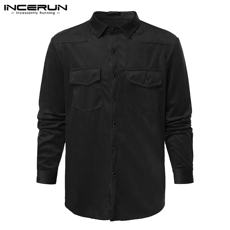 INCERUN Fashion Men Corduroy Shirts Casual Solid Lapel Street Pockets Long Sleeve Camisa Tops Fitness Chic Brand Shirt Men