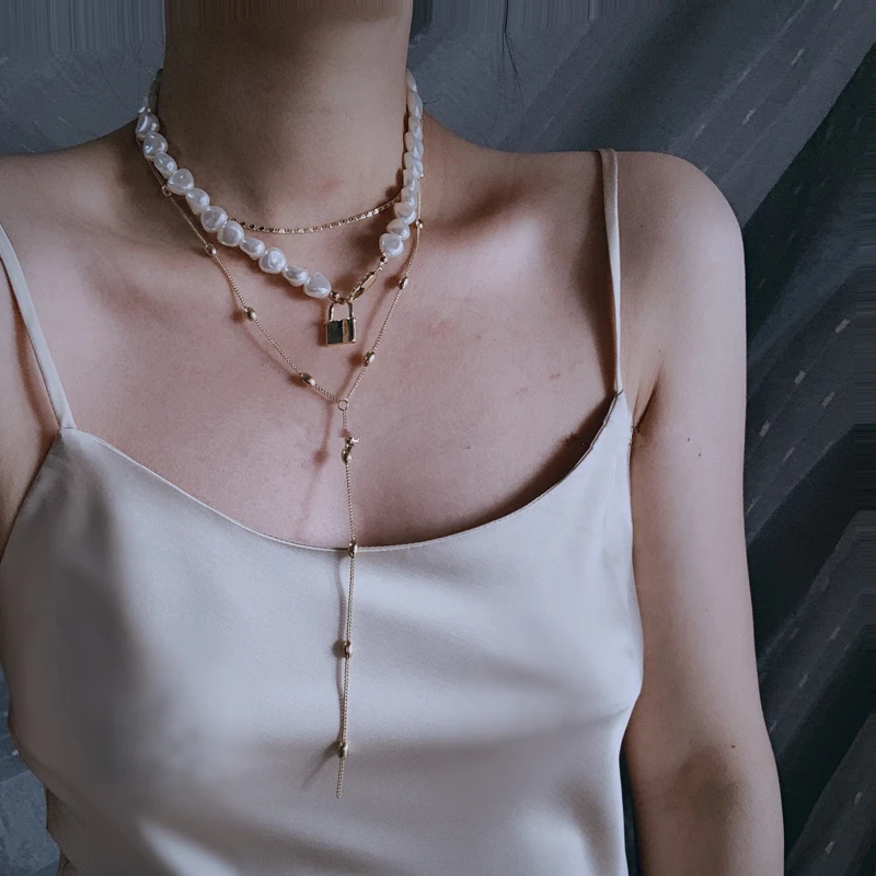 

HZ 2019 New Gold Multilayer Imitation Irregular Pearls Chain Metal Beads Line Lock Chain Necklace for Women Party Jewelry