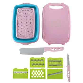 

Nine in One Foldable Drain Basket Cutting Board Set Includes 1x Drain Basket 1x Cutting Board 1x Garlic Grinder 2x Cutter 4x Dif