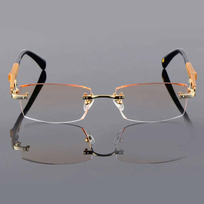 Titanium+Bamboo Frame Eyeglasses Rimless Men Gold Wood Frameless Prescription Myopic Glasses Ti Anti-Reflection Lens Eyewear