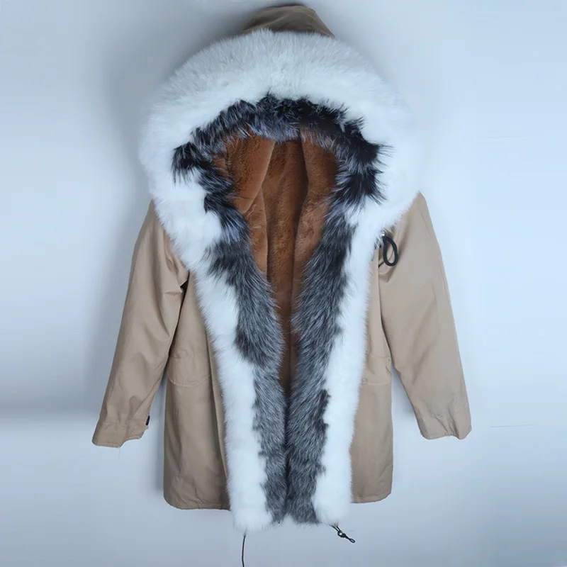 12 light khaki Водонепроницаемая парка, новая зимняя куртка, Женская Толстая теплая верхняя одежда, Воротник из натурального Лисьего меха, капюшон, парка, подкладка из искусственного меха, пальто из натурального меха - Цвет: 12 light khaki