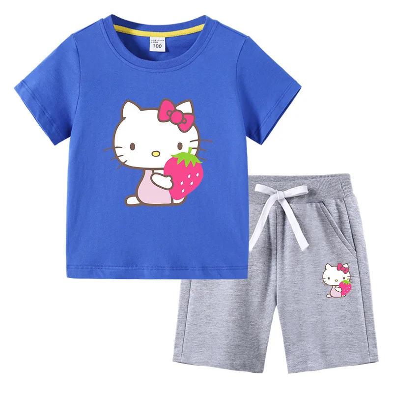 thumbnail image 1 of Camiseta con estampado de dibujos animados de verano de Hello Kitty + Pantalones casuales traje de dos piezas de manga corta de algodón para niños y niñas pueden usar, 1 of 5