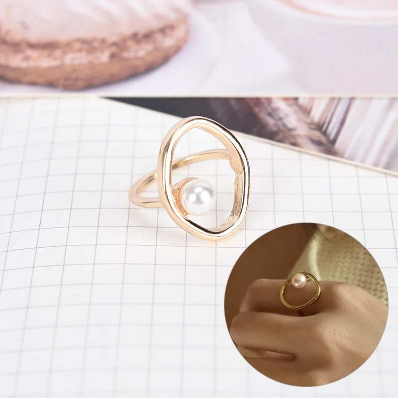 Elegant Imitation Pearls Simple Round Hollow Geometric Finger Rings For Women Girls Fashion Chic Design Party Jewelry Gifts