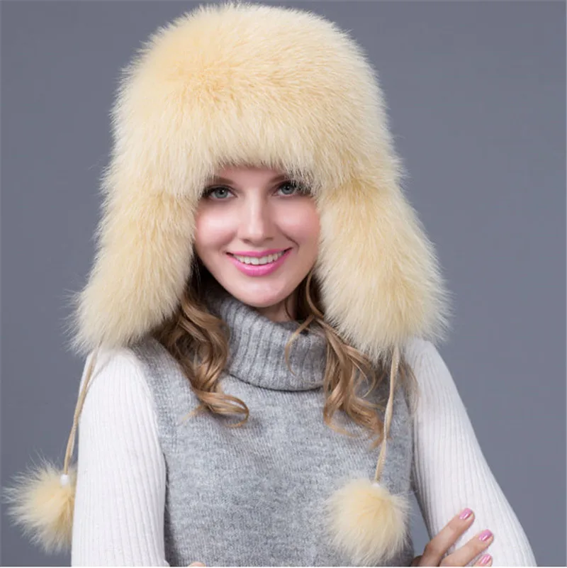 cream color Шапка из натурального меха, Для женщин женские сапоги с мехом и Шапки из натурального меха енота, русская меховая шапка Grueso Caliente Orejas Moda Bomberdero меховая шапка - Цвет: cream color
