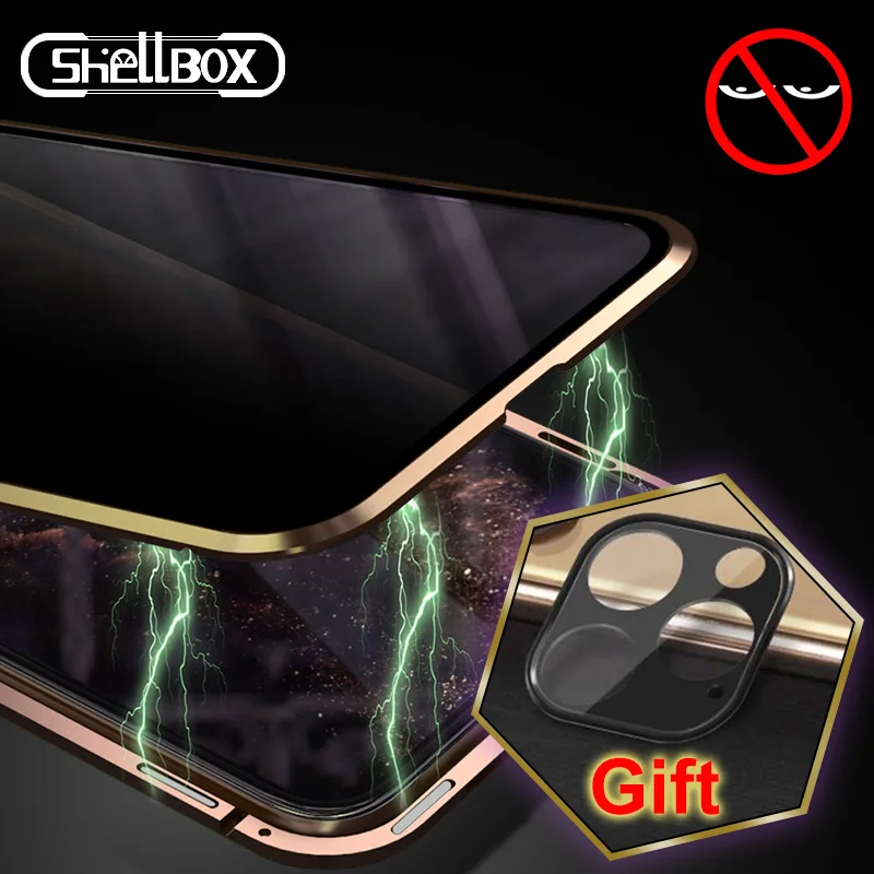 SHELLBOX Magnetic Tempered Glass Privacy Metal Phone Case Coque 360 Magnet Antispy Protective Cover For Iphone 11 Pro Max Cases
