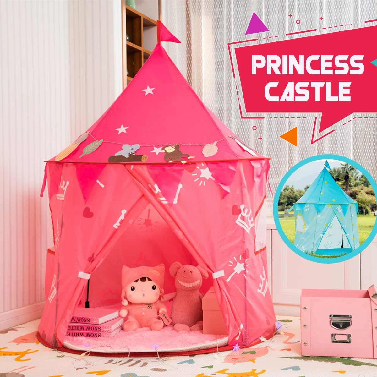 

Portable Princess Prince Castle 150x130/135x105cm Kid Tent House Present Hang Flag Children Teepee Tent Play Tent Birthday Gift