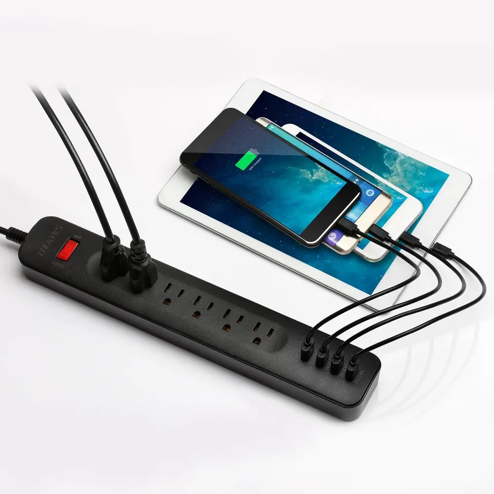 USB блок питания с 6 розетками переменного тока и 4 интеллектуальными зарядными портами usb 5 В/2,4 А защита от перегрузки защита от перенапряжения компактный размер