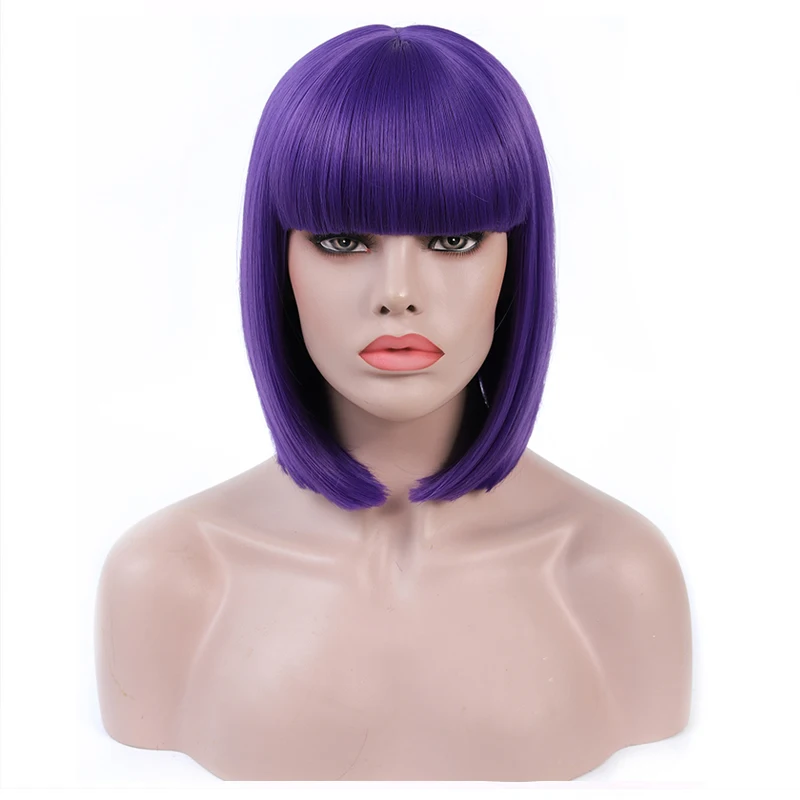 Dark Purple LANYI волосы короткие боб прямой парик с челкой синтетические волосы косплей парик термостойкие длинные 13,5 дюймов парики для женщин - Цвет: Dark Purple