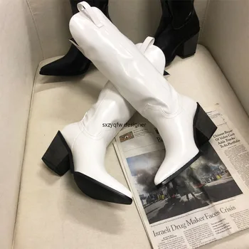 

Pointed Toe Patent Leather Women Martin Boots British Wedge Thick Heel Women Knee-high Boots 2020 New Fashion Motorcycle Boots