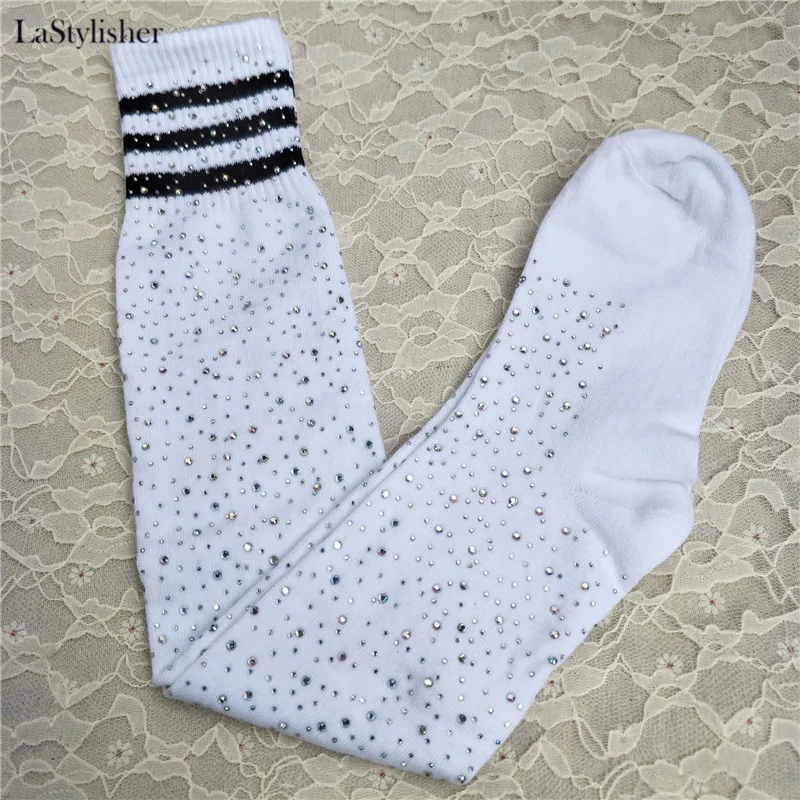LaStylisher/женские гетры-Чулки со стразами, вязаные женские чулки выше колена, сексуальные теплые длинные хлопковые чулки до бедра, большие размеры