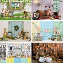 

Spring Easter Day Eggs Flowers Photography Prop Rabbit Green Lawn Wooden Board Baby Party Photo Backdrop Family Photo Background