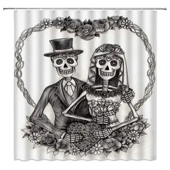 

Skull Married Shower Curtain, Skull Skeleton Bride and Groom Marry Love Horrifying Losing The Bride Fabric Bathroom Decor Sets