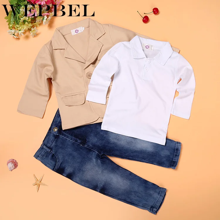 WEPBEL/комплекты детской одежды, Осенние комплекты одежды для маленьких мальчиков, костюм для мальчиков, Детская верхняя одежда, комплект из 3 предметов: пальто+ рубашка+ джинсы
