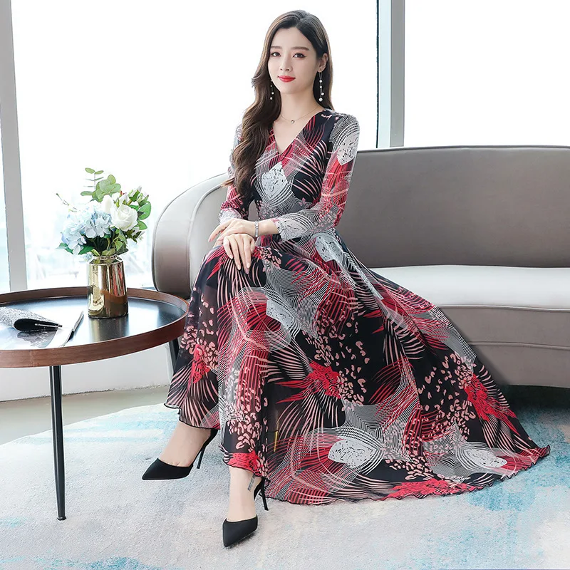 

2019 Autumn New Style Elegant Ladies' Printed Chiffon Big Hemline Dress Waist Hugging Beach Skirt Large Size Long Skirts Women's