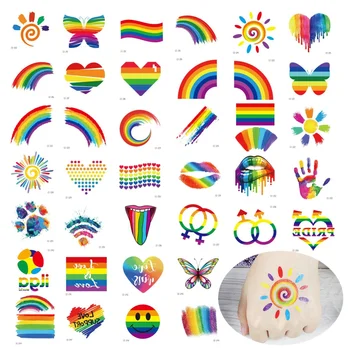 

40pcs Rainbow Stripe Tattoo Sticker Kids Birthday Party Decorations Sun Lip Heart Tattoo Paster Lovely Body Art Wedding Supplies