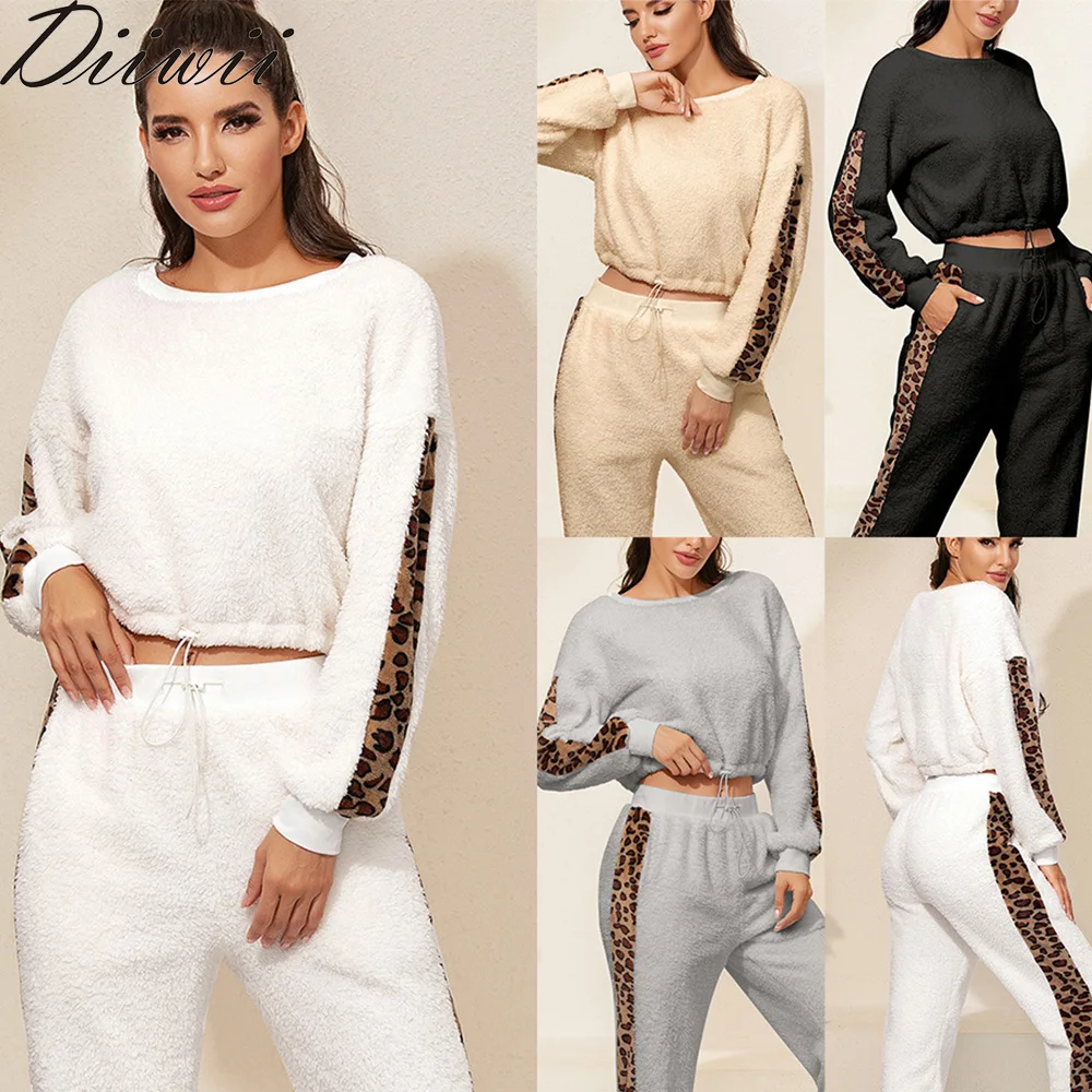 

Diiwii Femme Women Mujer Teddy Velvet Clothes Two Piece Set Pants And Top Tracksuit Warm Leopard Print Pijama Lounge Wear Winter