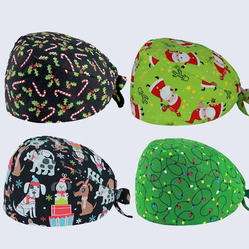 

Thanksgiving Christmas Nurse Doctor Surgery Cap Santa Claus Print Pet Hospital Beauty Salon Work Scrub Cap Lab Chef Dust Cap