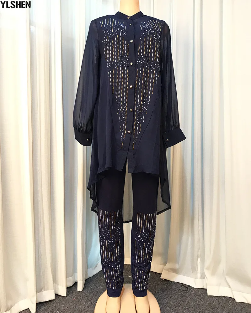 3 Piece Set African Dresses for Women Dashiki Button Diamond African Dress Bodycon Top + Pants Clothes Plus Size Africa Clothing 07