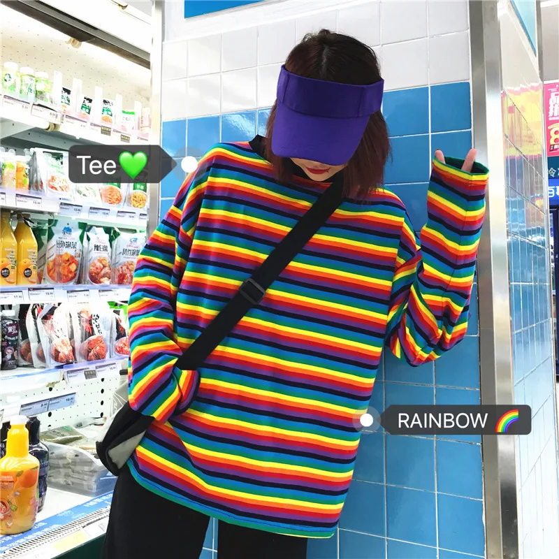 Harajuku Newest Women Sweatshirt Rainbow Striped Korean Style All-match Loose Fashion Tops For Female