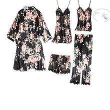 Сексуальные модные женские пижамы 5 шт ремень топ брюки костюм одежда для сна Пижама банный халат-кимоно Халат