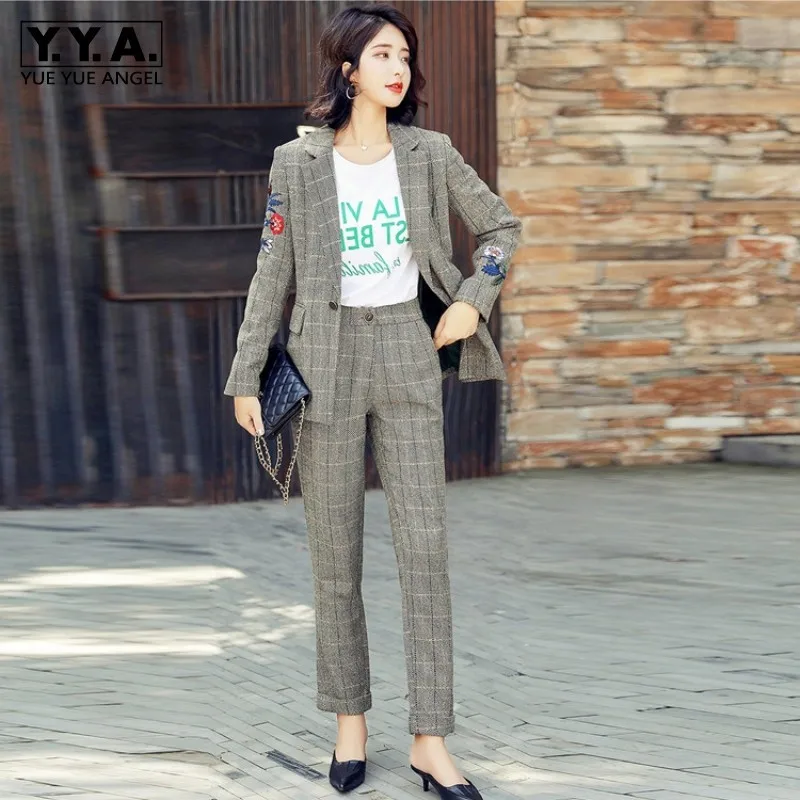 

Vintage Embroidery Floral Slim Blazer Suits Autumn Elegant Plaid Pencil Pants Formal Jacket Office Two Pieces Set Women