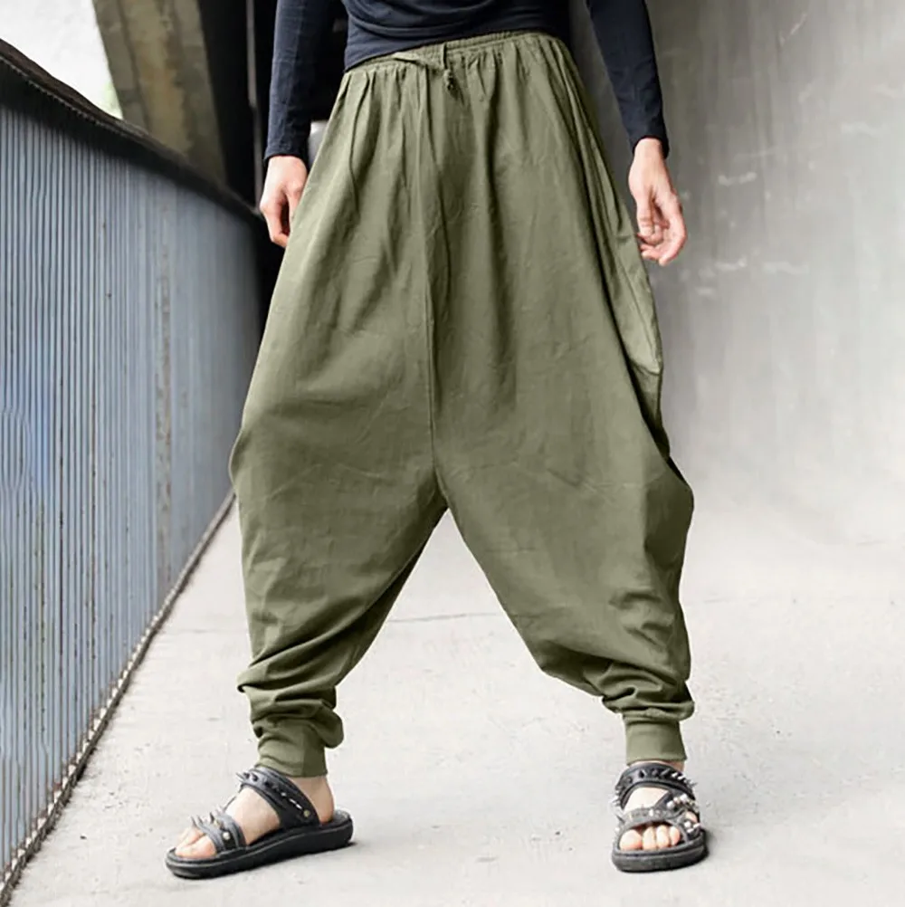 Men Harem Linen Pants Hakama Casual Wide Leg Japanese Trousers Cross-pants Crotch