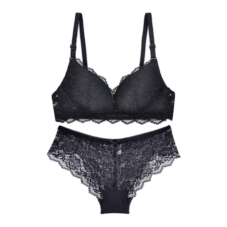 Women's Sexy Comfotable Wireless Bra Set Wire Free Floral Lace Light Soft Triangle Cup Bra&panty Weiyesi Lingerie - Color: Black