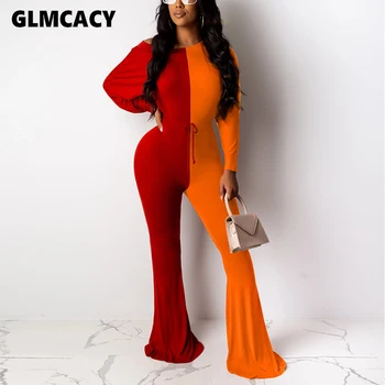 

Women Color Block Printed Wide Leg Bodycon Jumpsuit Long Sleeve Draw String Spring Fall Stretch Female Overall