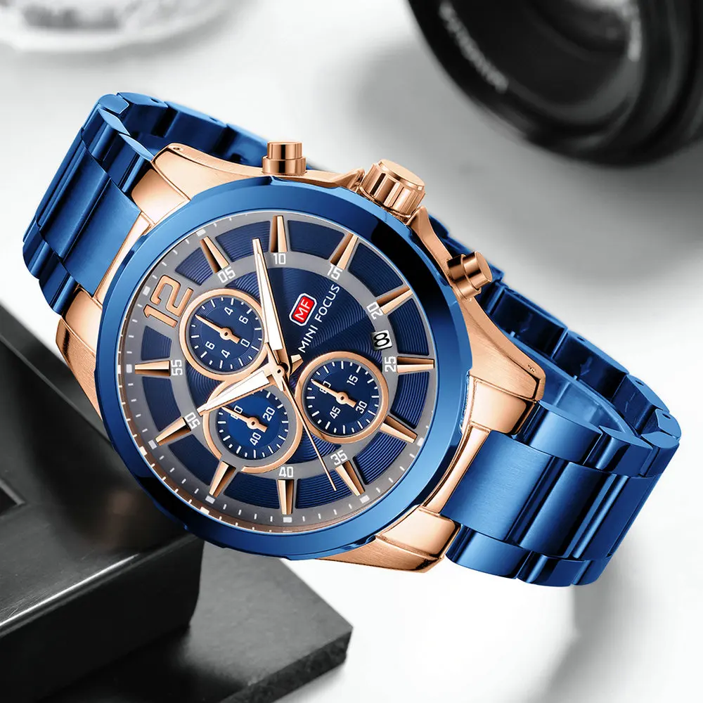 

MINIFOCUS Luxury Brand Men Watches Military Blue Quartz Clock Waterproof Chronograph Stainless Steel Strap Sports Wrist Watch