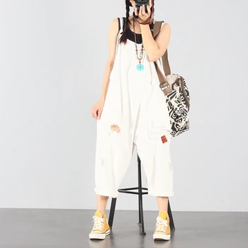 

Harem JUMPSUIT Hole Ripped Jeans One Piece Rompers Women Dungarees Female Drop Crotch Pants Loose Denim Overalls Summer White