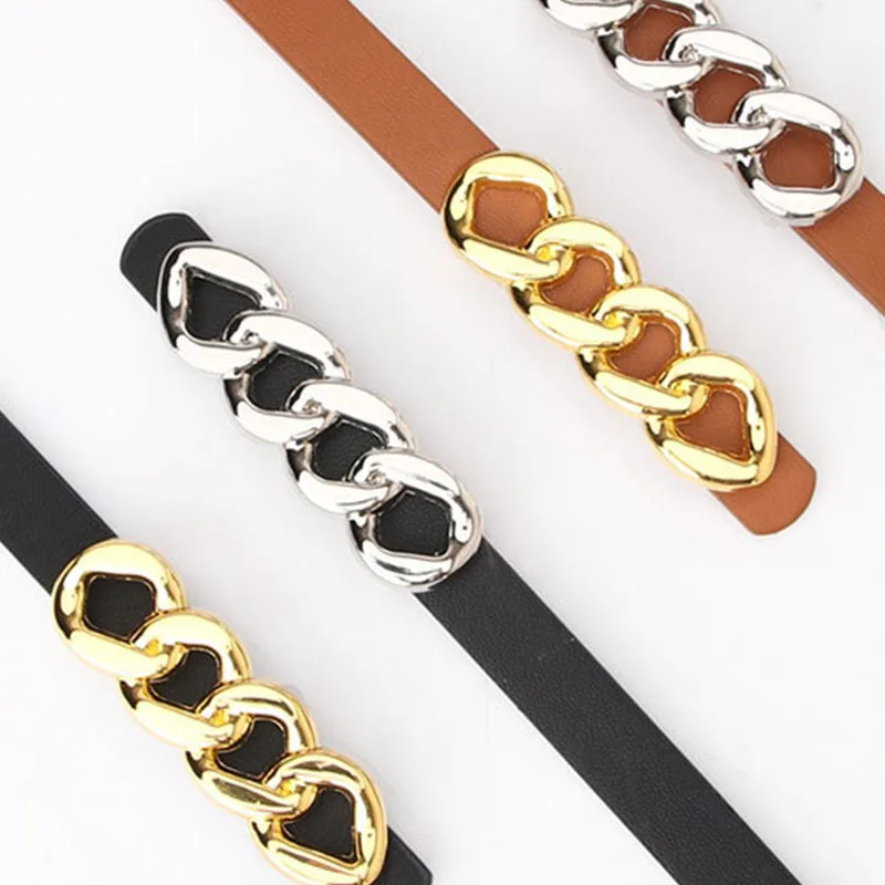 Fashion Gold Silver Metal Buckle Women Belts Chain Buckle Leather Thin Belt for Dress Shirts Female Ladies Girls Belts black leather belt womens