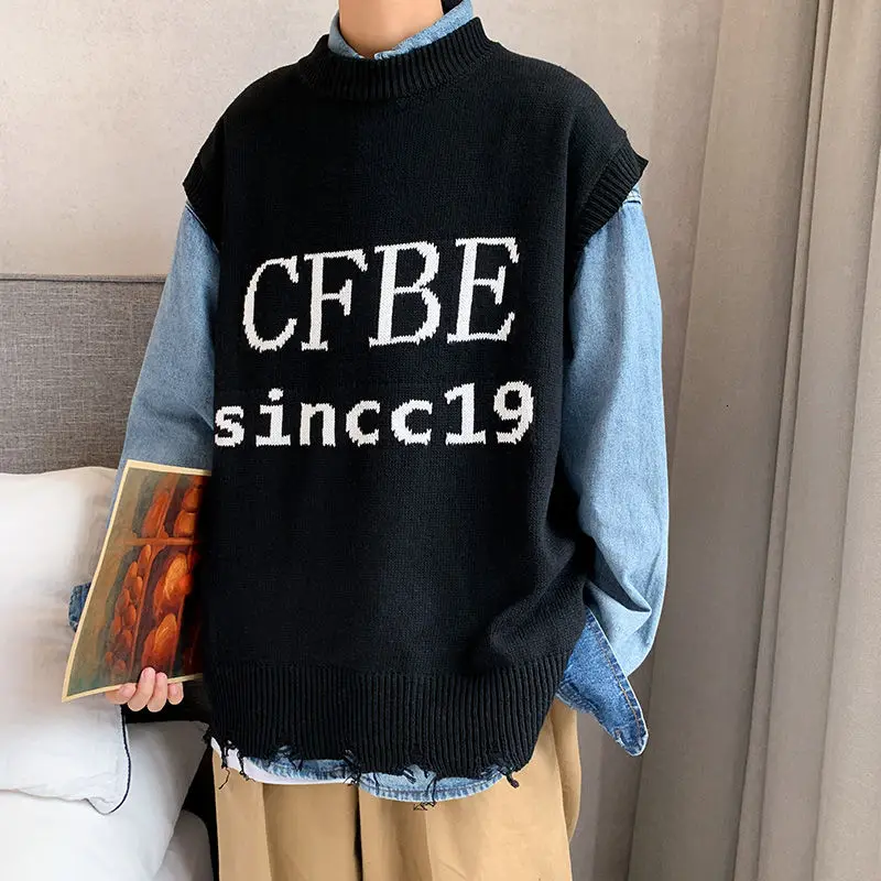

Men's sweater 2020 Autumn new slim solid color knit alphabet print sleeveless sweater casual fashion youth men's wear