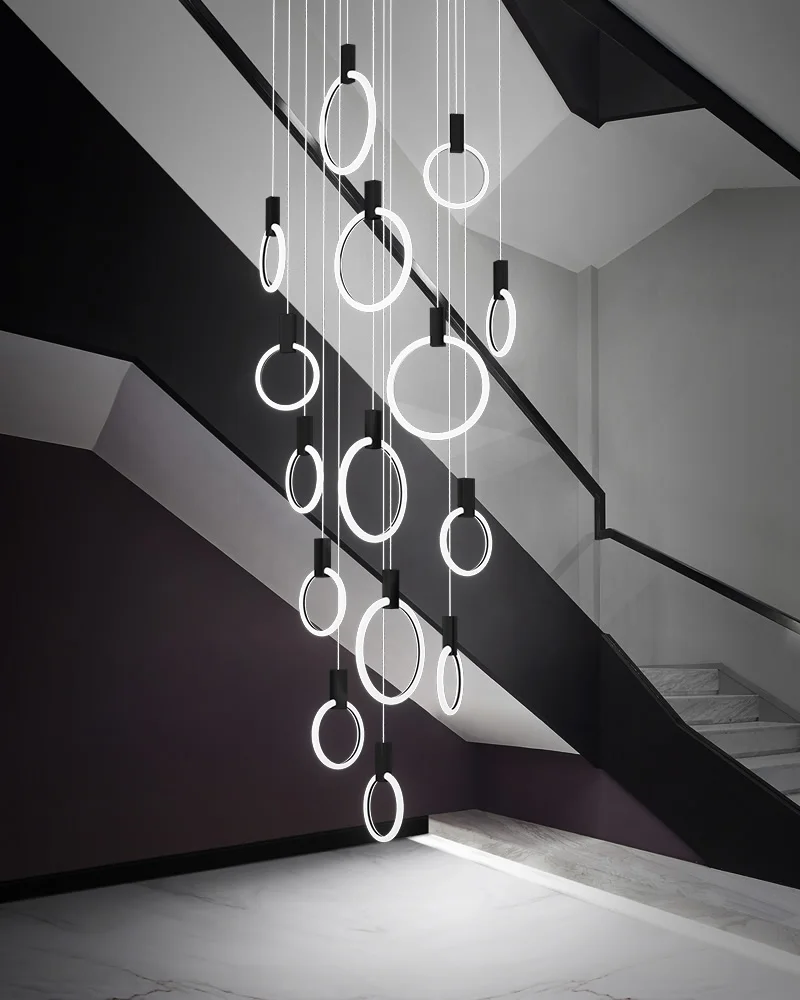 

Modern LED Chandelier Black/Golden indoor Stairs Lighting Iron Acrylic Ring Restaurant Decor Lights Nordic Luxury hanging lamp