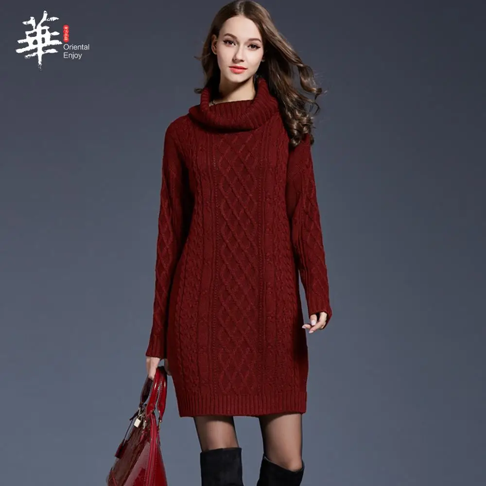 Зима, платье размера плюс с длинным рукавом, водолазка, вязаный Повседневный свитер, пуловер, платье для женщин - Цвет: Red wine