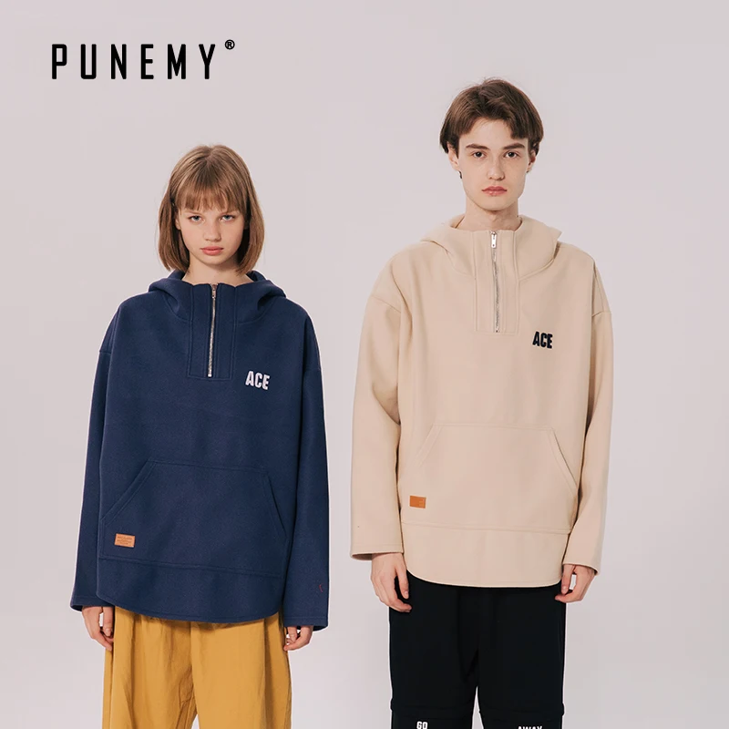 

Retro Hip Hop Men Hoodies Curved Hem Harajuku Streetwear Solid Woollen Zipper Hooded Oversize Pullover Sweatshirts Man's Hoodies