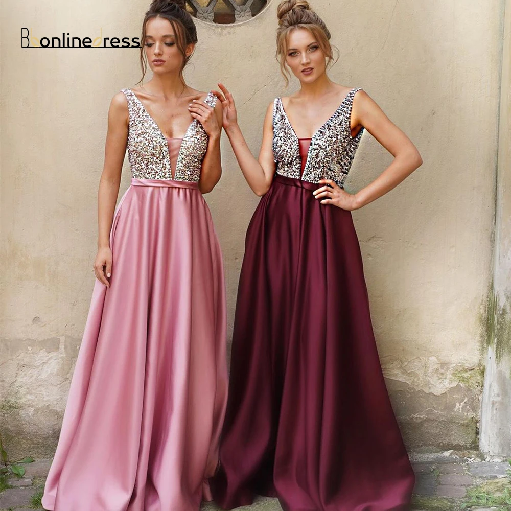 

Elegant Long Prom Dress Hand Beaded Satin A-Line Prom Dresses V-Neck Backless Formal Party Gown Vestido-de-festa-longo