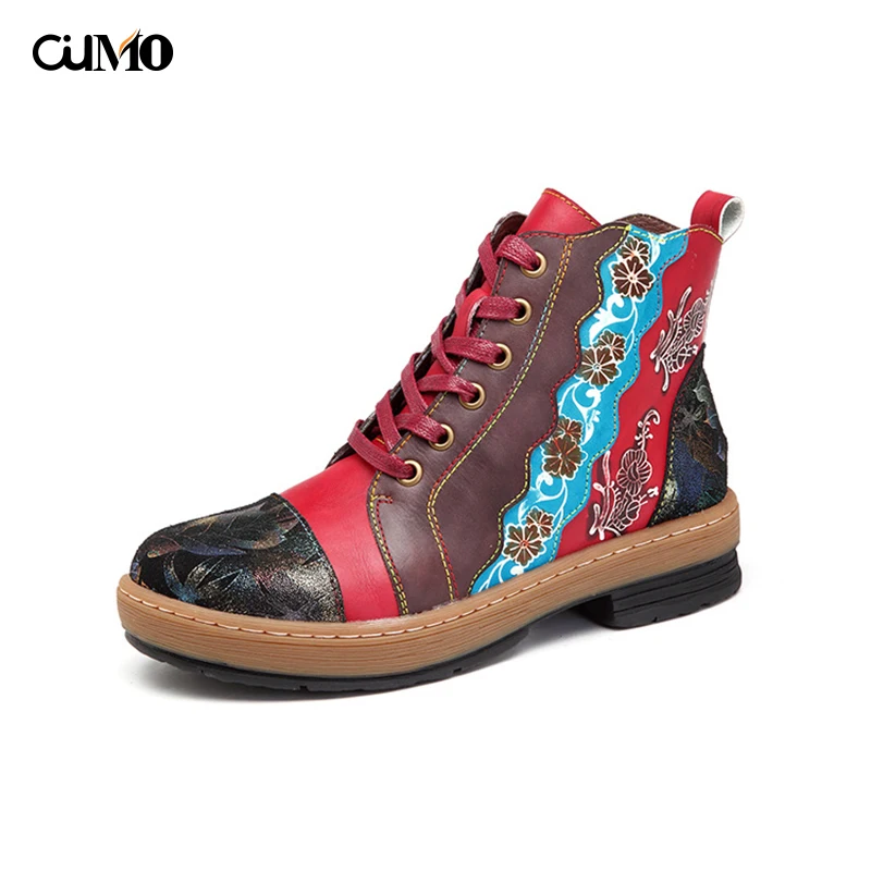 

[Ou Mo] brand Handmade Women's boots Genuine Leather Floral printing Mid Calf Martin boots Retro winter Combat Boots